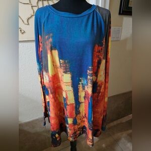 Multicolor Abstract Tunic XXXL Fabulously Colorful Top LS 33" Length Hem